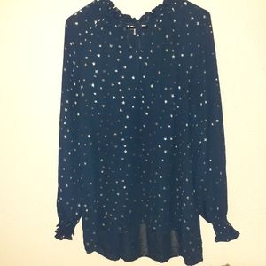 Time &Tru navy long sleeve blouse w silver stars size L